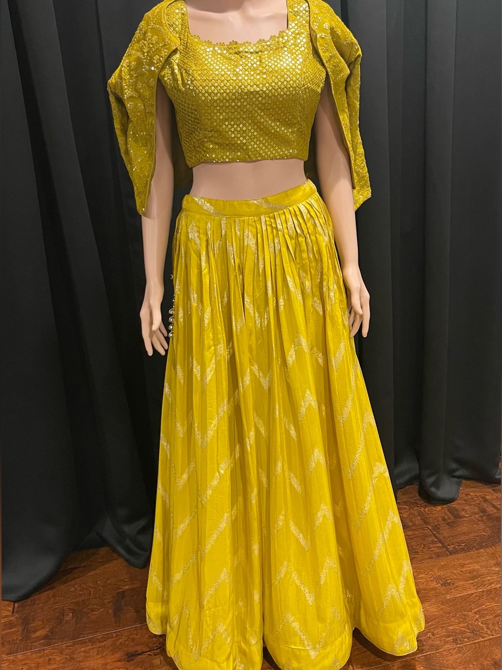 Mustard Yellow Embroidered Indian outfit (lehenga) with Matching Cropped Jacket